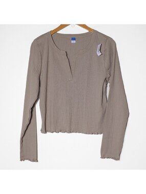 Old Navy Women's Long Sleeve Ribbed Pajama Top Lettuce Hem Neutral Tan Size L